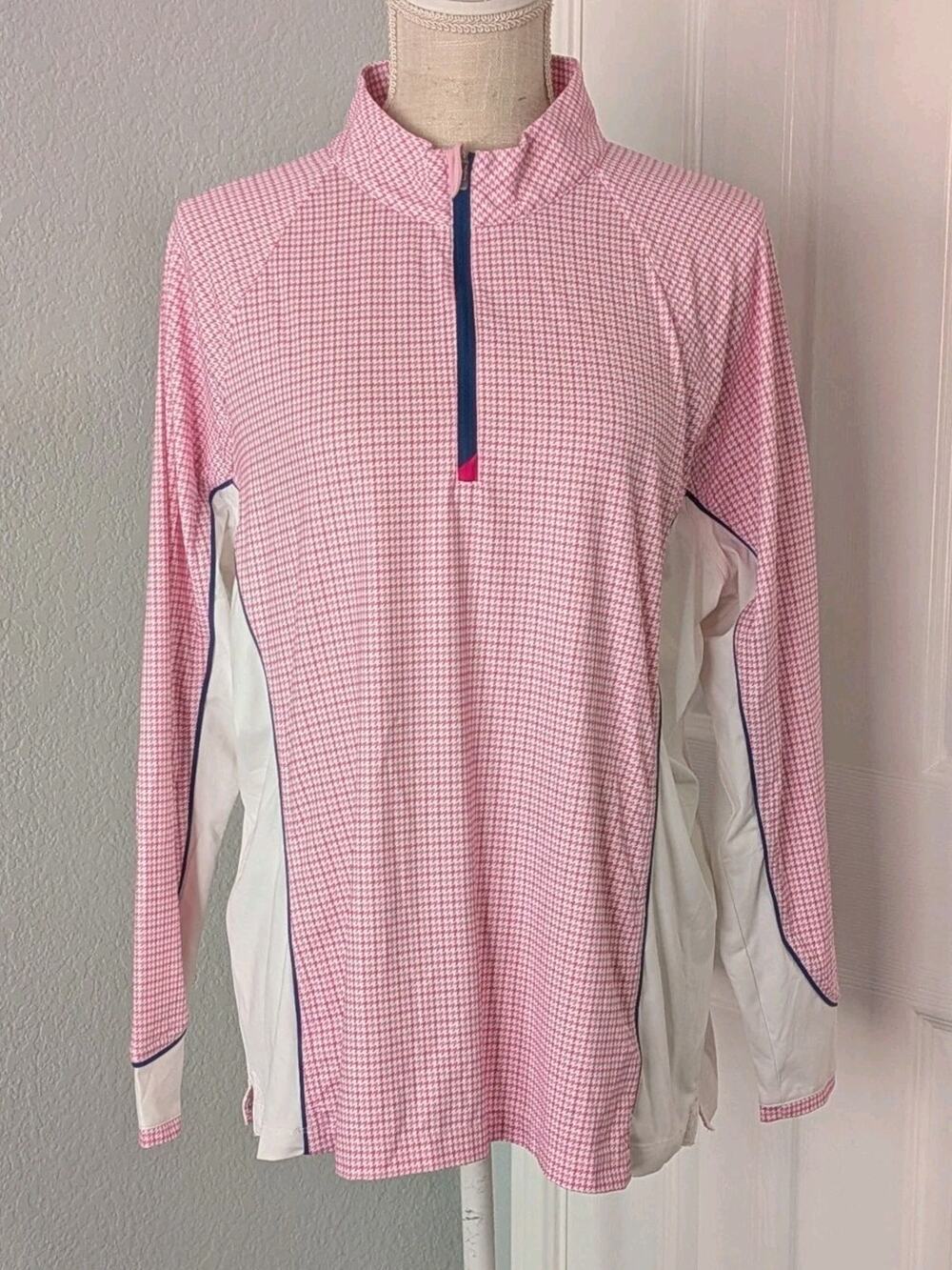 Peter Millar Lightweight Sun Base Layer 1/4 Zip Shirt Womens Pink Houndstooth XL